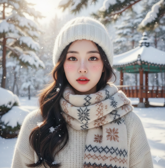 Portret de iarnă stil K-Beauty al unei tinere coreence îmbrăcată în haine groase, albe. Zăpada cade ușor, iar fundalul estompat prezintă brazi și o structură asiatică, sugerând un cadru festiv și nordic.