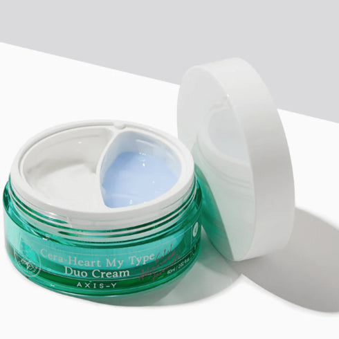 Descoperă AXIS-Y Cera-Heart Duo Cream, cu ceramide și ingrediente calmante. Ideală pentru ten mixt, menține hidratarea fără exces de sebum.