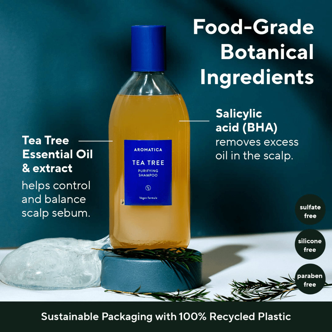 Aromatica Purifying Shampoo cu tea tree oferă prospețime de durată și echilibru scalpului gras. Șampon coreean vegan, perfect pentru detoxifierea zilnică.