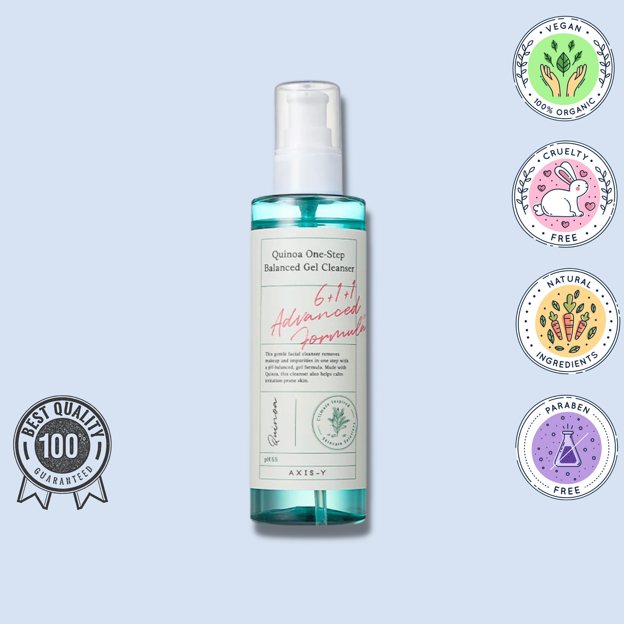  Gel de curățare blând cu pH echilibrat – AXIS-Y Quinoa Cleanser îndepărtează sebumul și poluarea, lăsând tenul curat și catifelat.